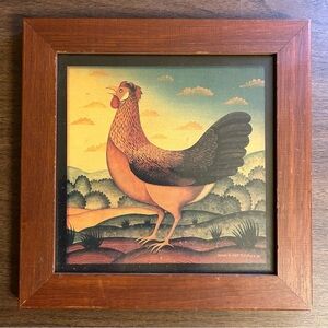 DIANE ULMER PEDERSEN 90’s ROOSTER PRINT WOODEN FRAME VINTAGE RUSTIC ART DECOR